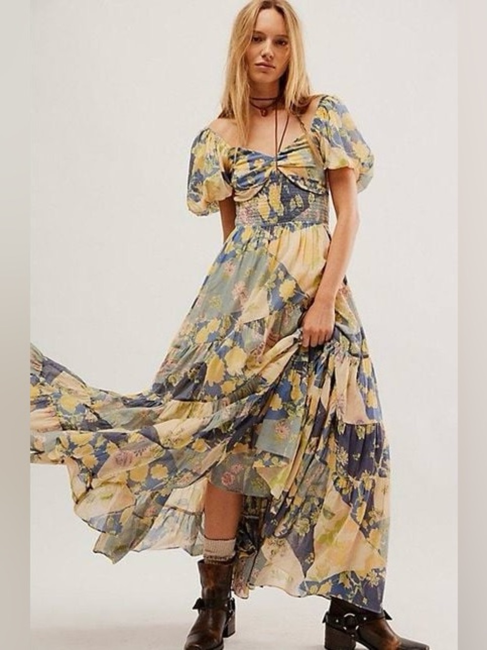 Free People Sundrenched Short-Sleeve Maxi Dress - Blue Combo $168 MSRP